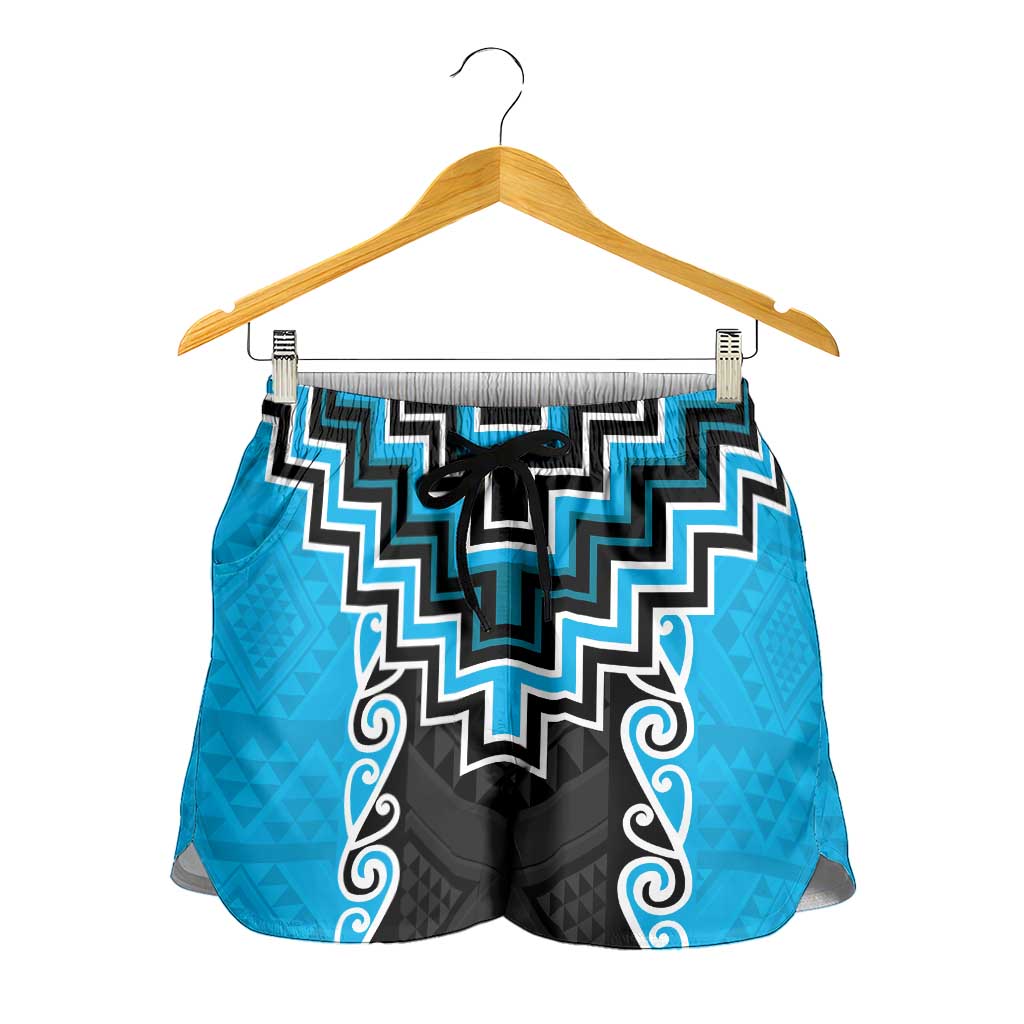 Sky Blue Niho Taniwha Mix Poutama Shorts for Women Unique Taniko Aotearoa - Polynesian Pride