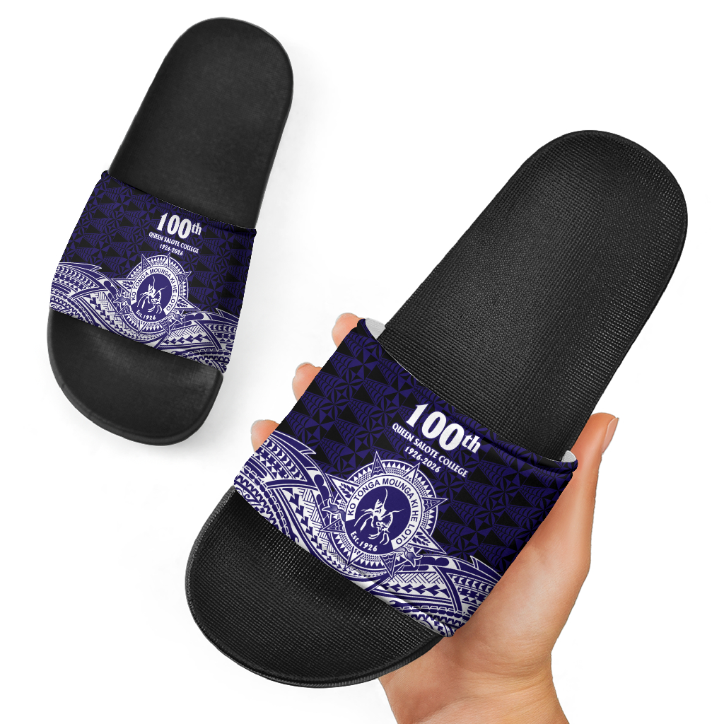 Tonga Queen Salote College 100th Years Slide Sandals Blue Tonga Kupesi Uniquely Pacific Art LT9
