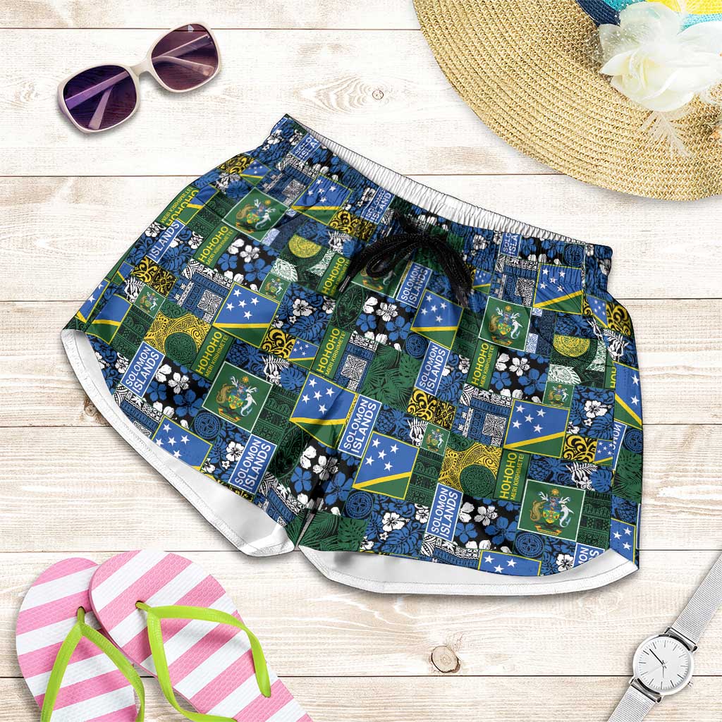 Solomon Islands Meri Kirihimete Shorts for Women Pacific Patchwork Xmas Vibes - Polynesian Pride