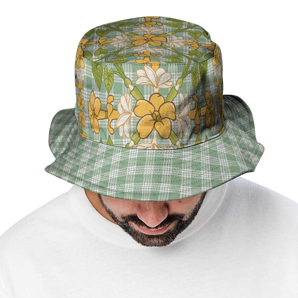Squares Puakenikeni and Kalo Bucket Hat Turquoise Palaka Hawaiian Quilt Pattern - Polynesian Pride