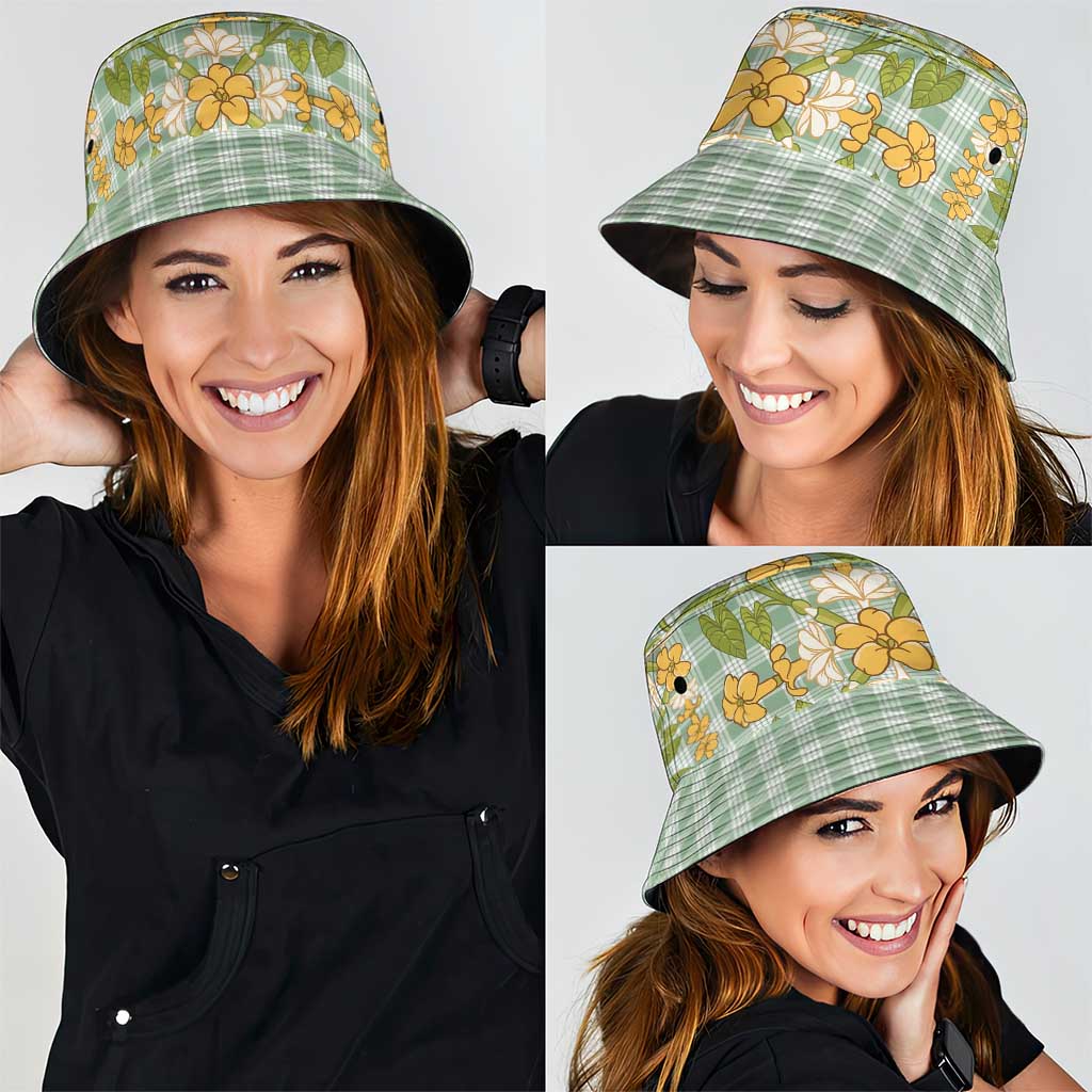 Squares Puakenikeni and Kalo Bucket Hat Turquoise Palaka Hawaiian Quilt Pattern - Polynesian Pride