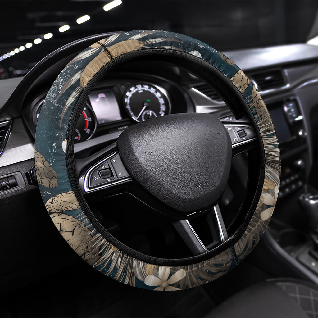 Kanaka Maoli (Hawaiian) Steering Wheel Cover - Sea Turtle Tropical Hibiscus And Plumeria Gold A224 LT03