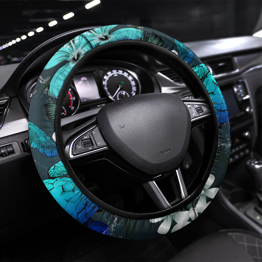 Kanaka Maoli (Hawaiian) Steering Wheel - Sea Turtle Tropical Hibiscus And Plumeria Blue LT03 Universal Fit Blue - Polynesian Pride