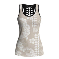 Suede Beige Hawaii Anthurium Plumeria Lei Hollow Tank Top