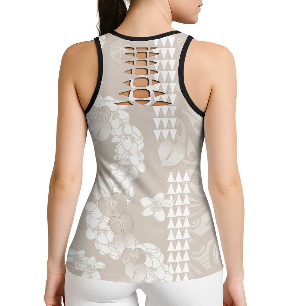 Suede Beige Hawaii Anthurium Plumeria Lei Hollow Tank Top