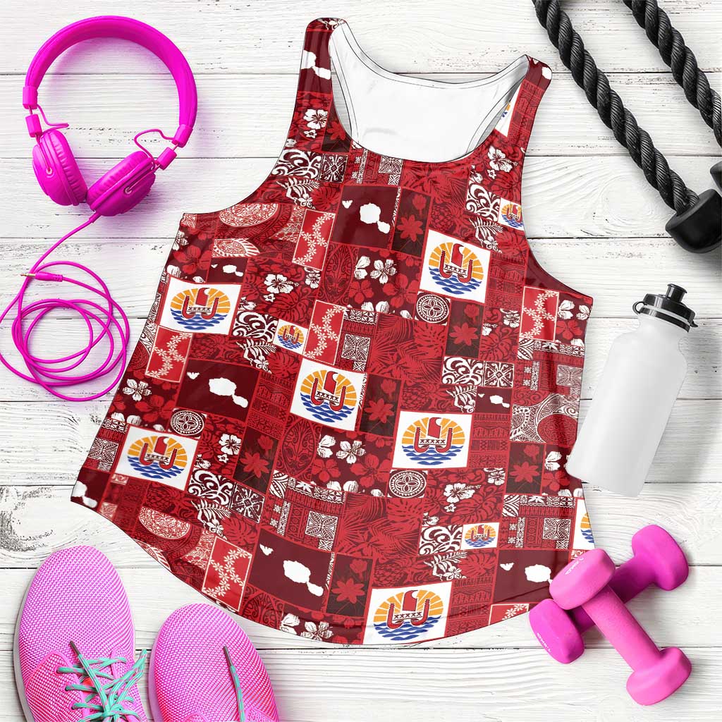 Tahiti Oaoa I Teie Noera Women Racerback Tank Pacific Patchwork Xmas Vibes LT9 Red - Polynesian Pride