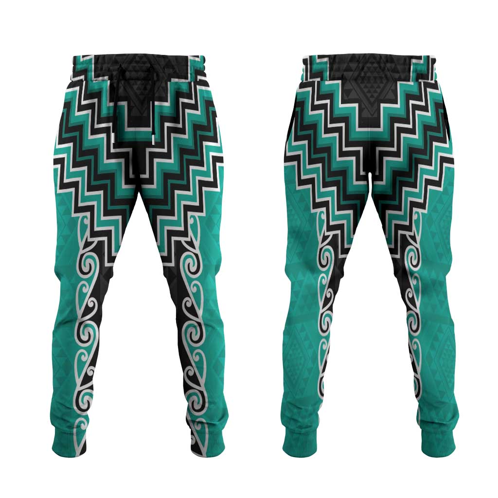 Teal Niho Taniwha Mix Poutama Jogger Pants Unique Taniko Aotearoa - Polynesian Pride