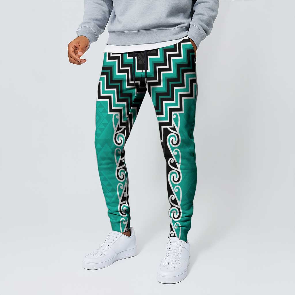 Teal Niho Taniwha Mix Poutama Jogger Pants Unique Taniko Aotearoa - Polynesian Pride