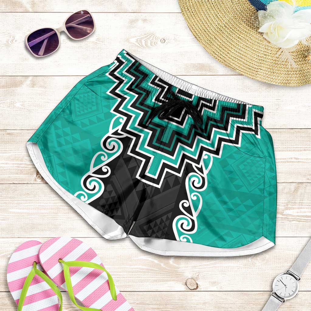 Teal Niho Taniwha Mix Poutama Shorts for Women Unique Taniko Aotearoa - Polynesian Pride