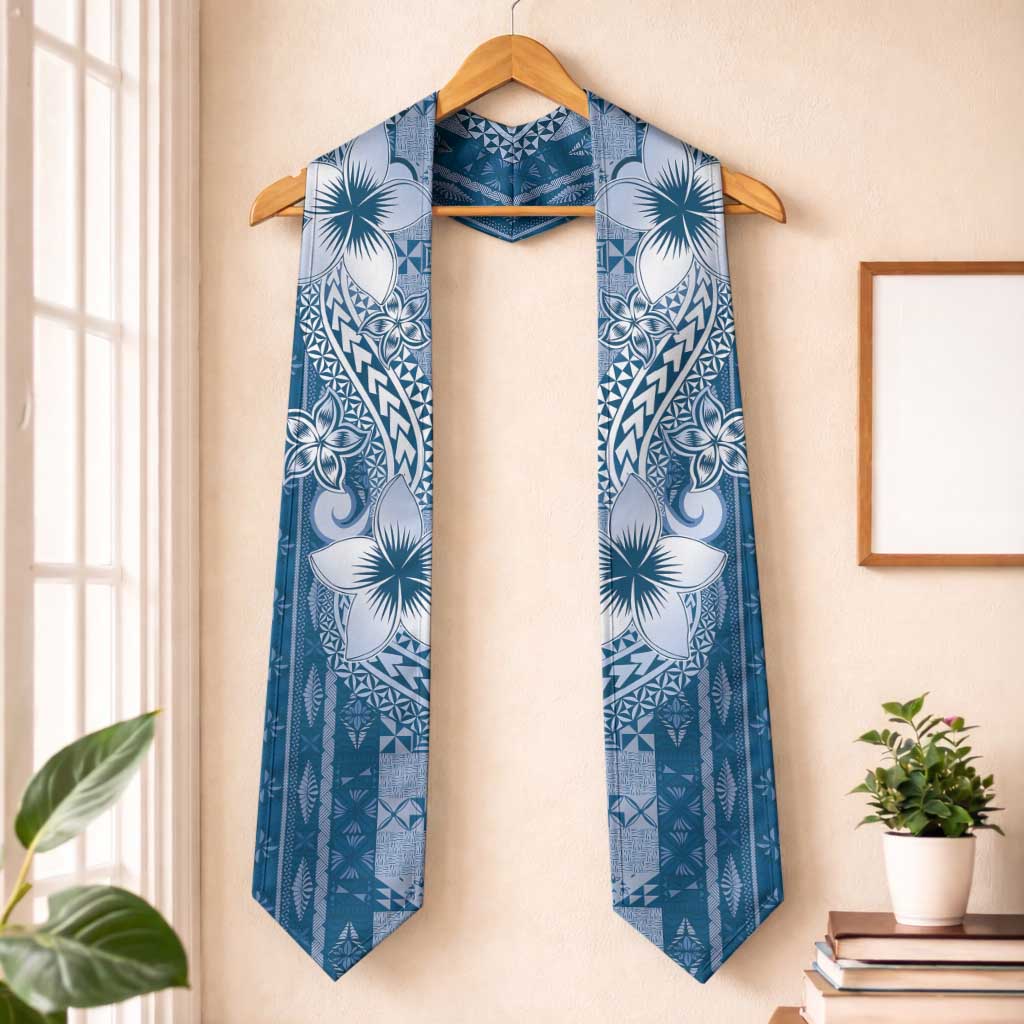 Tonga Kupesi Ngatu Graduation Stole Vintage Blue Plumeria LT05 One Size Blue - Polynesian Pride