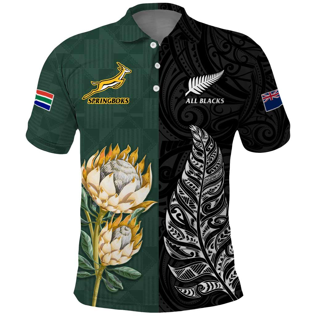 South Africa Protea and New Zealand Fern Polo Shirt Rugby Go Springboks vs All Black LT13