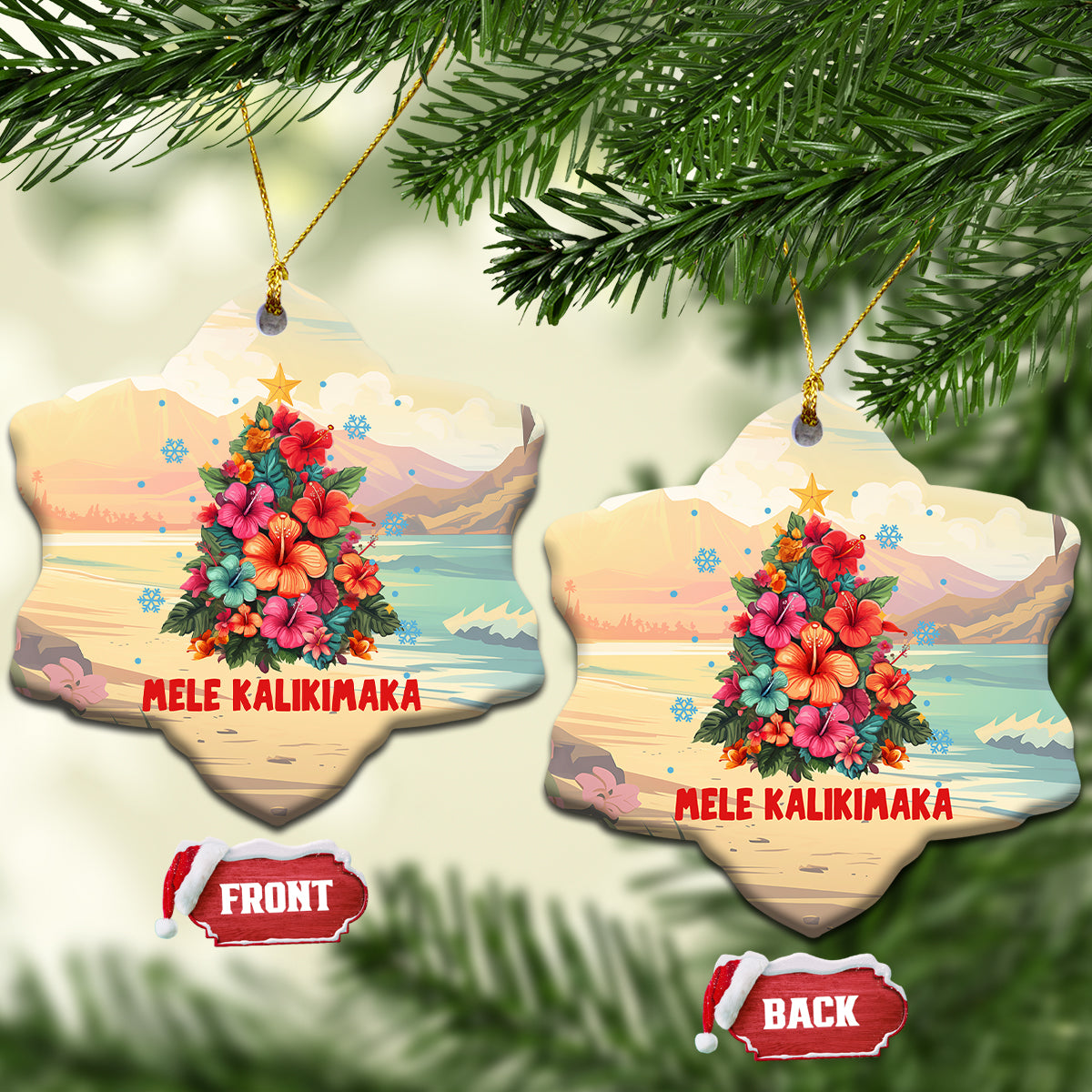 Hawaiian Christmas Ceramic Ornament Tropical Hawaii Hibiscus Xmas Tree Mele Kalikimaka TS02 Snow Flake Sand - Polynesian Pride