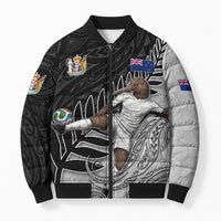 Personalized New Zealand Football Bomber Puffer Jacket Kiwi Mascot with Silver Fern - Maori Tribal Tattoo Art TS04 Unisex Black White - Polynesian Pride