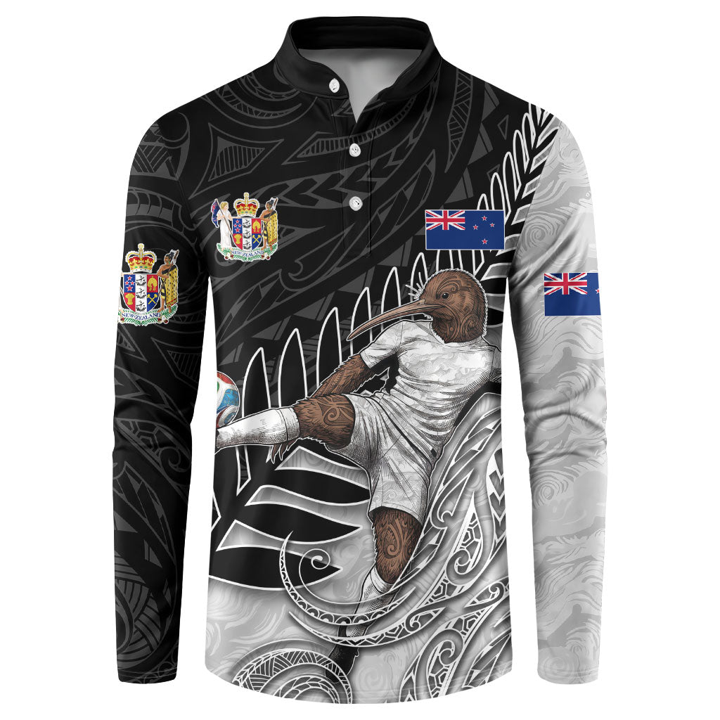 Personalized New Zealand Football Button Sweatshirt Kiwi Mascot with Silver Fern - Maori Tribal Tattoo Art TS04 Black White - Polynesian Pride