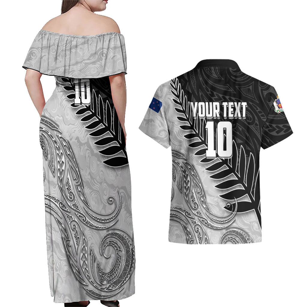 Personalized New Zealand Football Couples Matching Off Shoulder Maxi Dress and Hawaiian Shirt Kiwi Mascot with Silver Fern - Maori Tribal Tattoo Art TS04 - Polynesian Pride