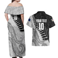 Personalized New Zealand Football Couples Matching Off Shoulder Maxi Dress and Hawaiian Shirt Kiwi Mascot with Silver Fern - Maori Tribal Tattoo Art TS04 - Polynesian Pride