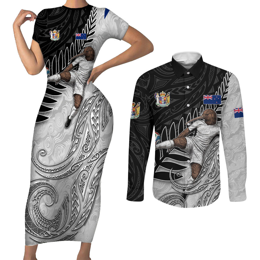 Personalized New Zealand Football Couples Matching Short Sleeve Bodycon Dress and Long Sleeve Button Shirt Kiwi Mascot with Silver Fern - Maori Tribal Tattoo Art