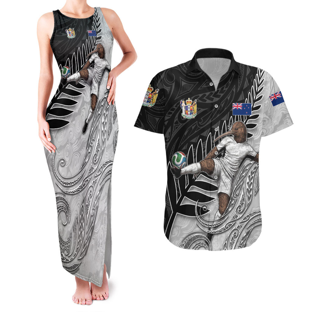 Personalized New Zealand Football Couples Matching Tank Maxi Dress and Hawaiian Shirt Kiwi Mascot with Silver Fern - Maori Tribal Tattoo Art TS04 Black White - Polynesian Pride