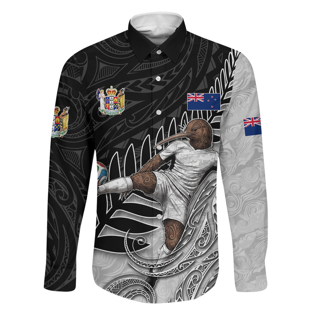 Personalized New Zealand Football Family Matching Long Sleeve Bodycon Dress and Hawaiian Shirt Kiwi Mascot with Silver Fern - Maori Tribal Tattoo Art TS04 Dad's Shirt - Long Sleeve Black White - Polynesian Pride