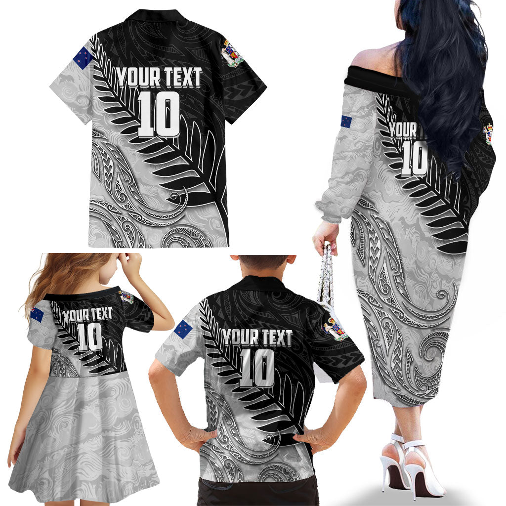 Personalized New Zealand Football Family Matching Off The Shoulder Long Sleeve Dress and Hawaiian Shirt Kiwi Mascot with Silver Fern - Maori Tribal Tattoo Art TS04 - Polynesian Pride
