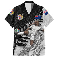 Personalized New Zealand Football Family Matching Off The Shoulder Long Sleeve Dress and Hawaiian Shirt Kiwi Mascot with Silver Fern - Maori Tribal Tattoo Art TS04 Dad's Shirt - Short Sleeve Black White - Polynesian Pride