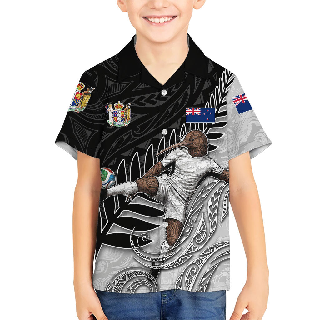 Personalized New Zealand Football Family Matching Off The Shoulder Long Sleeve Dress and Hawaiian Shirt Kiwi Mascot with Silver Fern - Maori Tribal Tattoo Art TS04 Son's Shirt Black White - Polynesian Pride