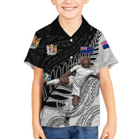 Personalized New Zealand Football Family Matching Off Shoulder Short Dress and Hawaiian Shirt Kiwi Mascot with Silver Fern - Maori Tribal Tattoo Art TS04 Son's Shirt Black White - Polynesian Pride