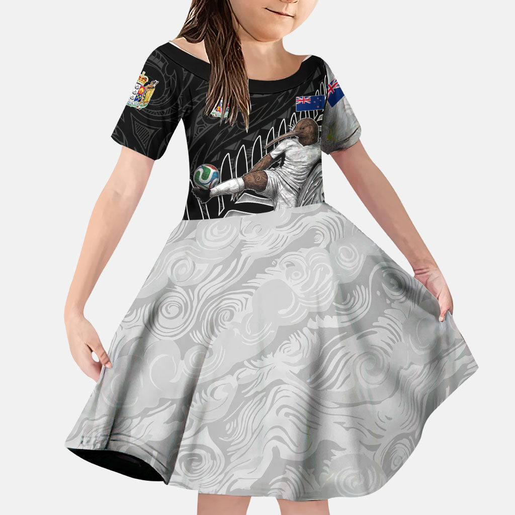 Personalized New Zealand Football Family Matching Puletasi and Hawaiian Shirt Kiwi Mascot with Silver Fern - Maori Tribal Tattoo Art TS04 Daughter's Dress Black White - Polynesian Pride