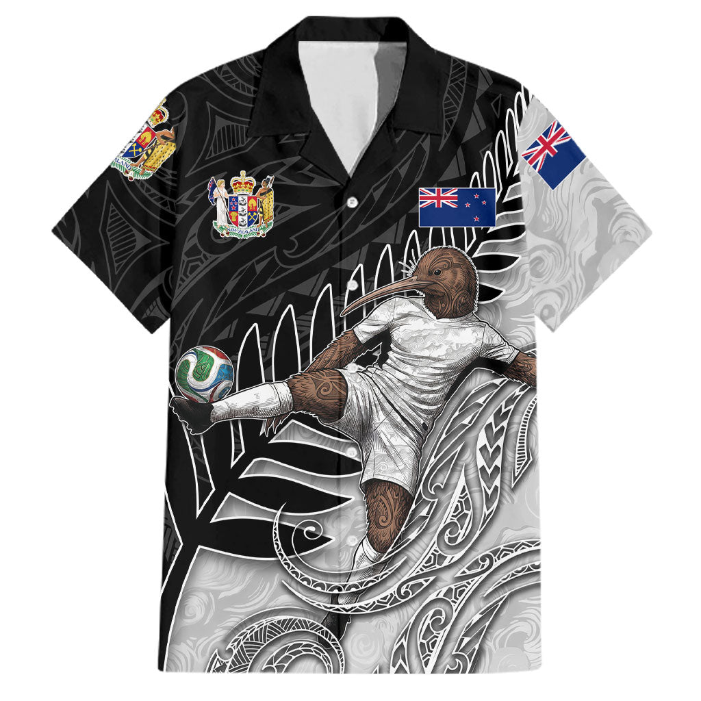 Personalized New Zealand Football Family Matching Puletasi and Hawaiian Shirt Kiwi Mascot with Silver Fern - Maori Tribal Tattoo Art TS04 Dad's Shirt - Short Sleeve Black White - Polynesian Pride