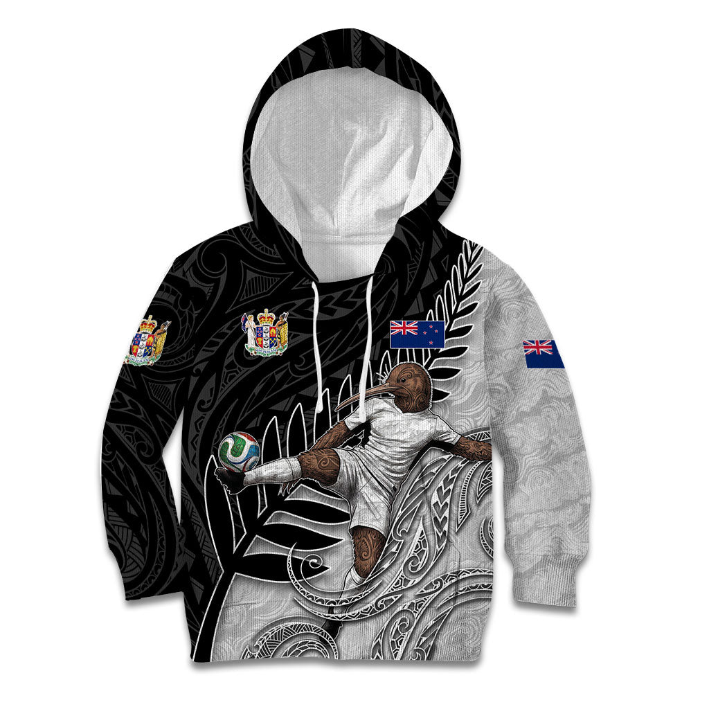 Personalized New Zealand Football Kid Hoodie Kiwi Mascot with Silver Fern - Maori Tribal Tattoo Art TS04 Hoodie Black White - Polynesian Pride