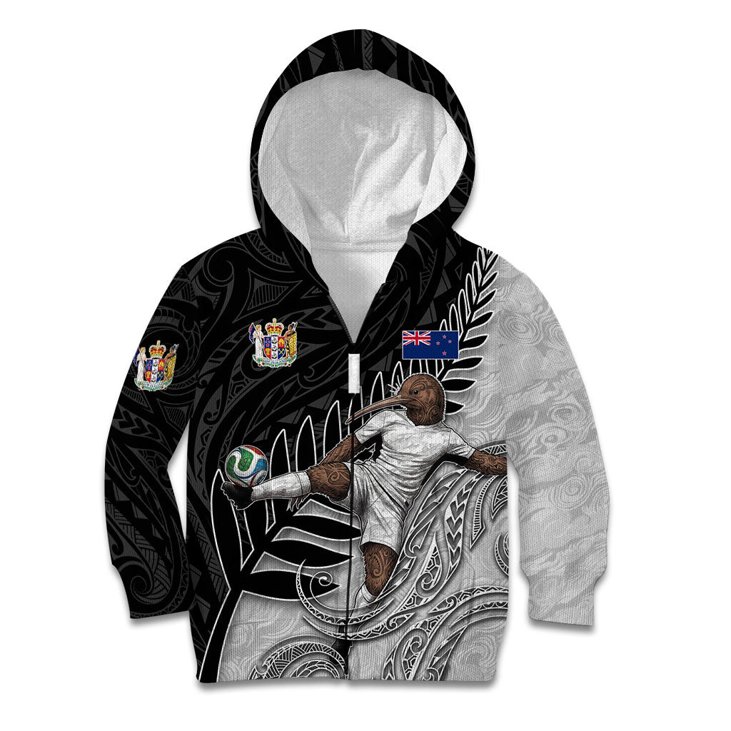 Personalized New Zealand Football Kid Hoodie Kiwi Mascot with Silver Fern - Maori Tribal Tattoo Art TS04 Zip Hoodie Black White - Polynesian Pride