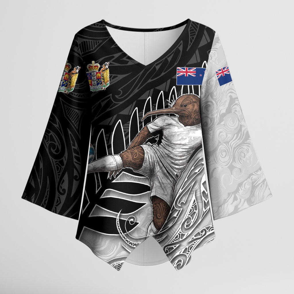 Personalized New Zealand Football Kimono Sleeve Blouse Kiwi Mascot with Silver Fern - Maori Tribal Tattoo Art TS04 Female Black White - Polynesian Pride