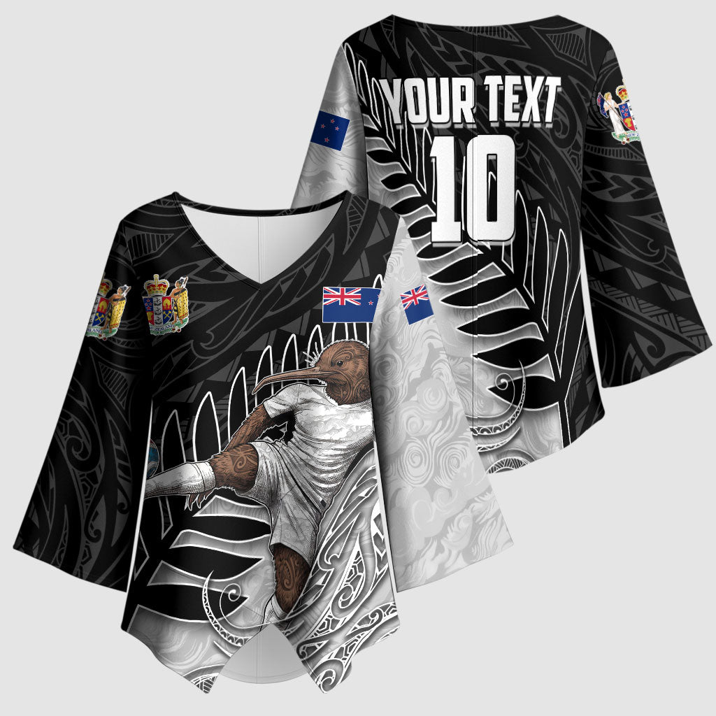 Personalized New Zealand Football Kimono Sleeve Blouse Kiwi Mascot with Silver Fern - Maori Tribal Tattoo Art TS04 - Polynesian Pride
