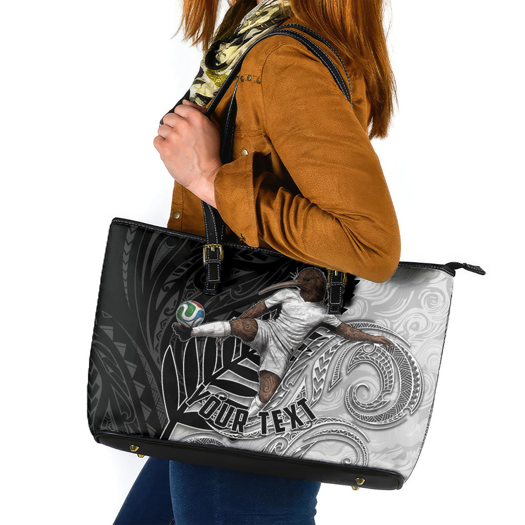 Personalized New Zealand Football Leather Tote Bag Kiwi Mascot with Silver Fern - Maori Tribal Tattoo Art TS04 Black White - Polynesian Pride