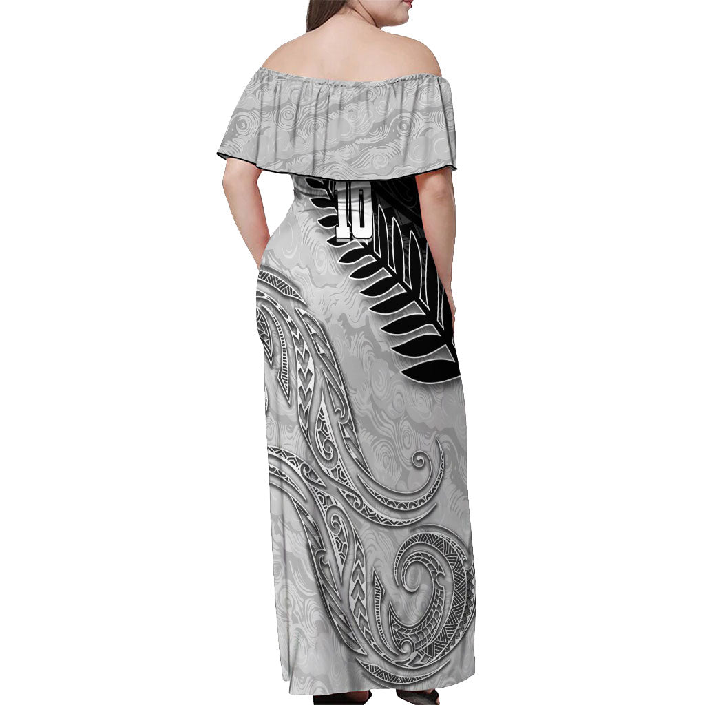 Personalized New Zealand Football Off Shoulder Maxi Dress Kiwi Mascot with Silver Fern - Maori Tribal Tattoo Art TS04 - Polynesian Pride