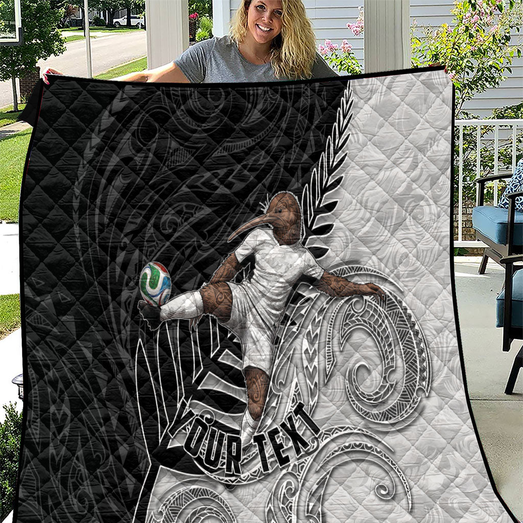Personalized New Zealand Football Quilt Kiwi Mascot with Silver Fern - Maori Tribal Tattoo Art TS04 Black White - Polynesian Pride
