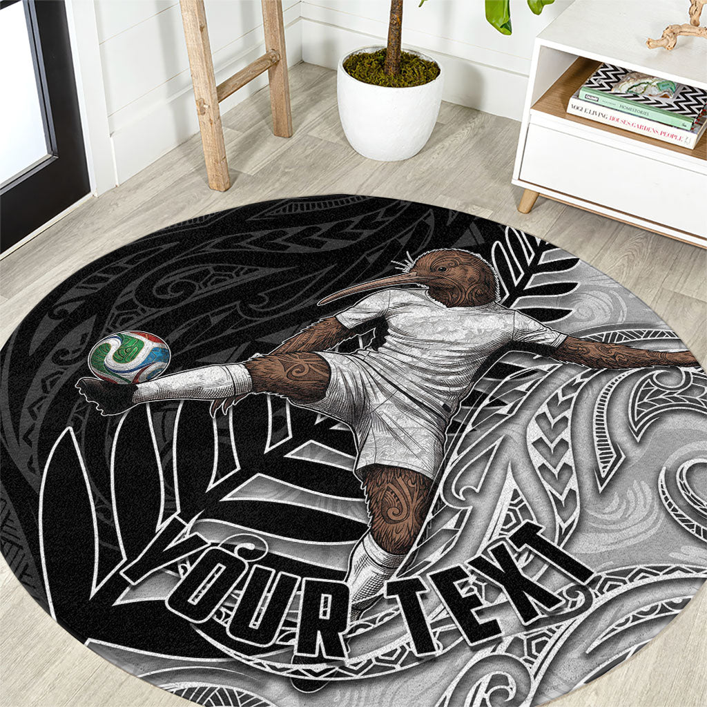 Personalized New Zealand Football Round Carpet Kiwi Mascot with Silver Fern - Maori Tribal Tattoo Art TS04 Black White - Polynesian Pride