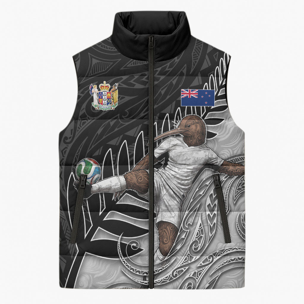 Personalized New Zealand Football Sleeveless Puffer Jacket Kiwi Mascot with Silver Fern - Maori Tribal Tattoo Art TS04 Unisex Black White - Polynesian Pride