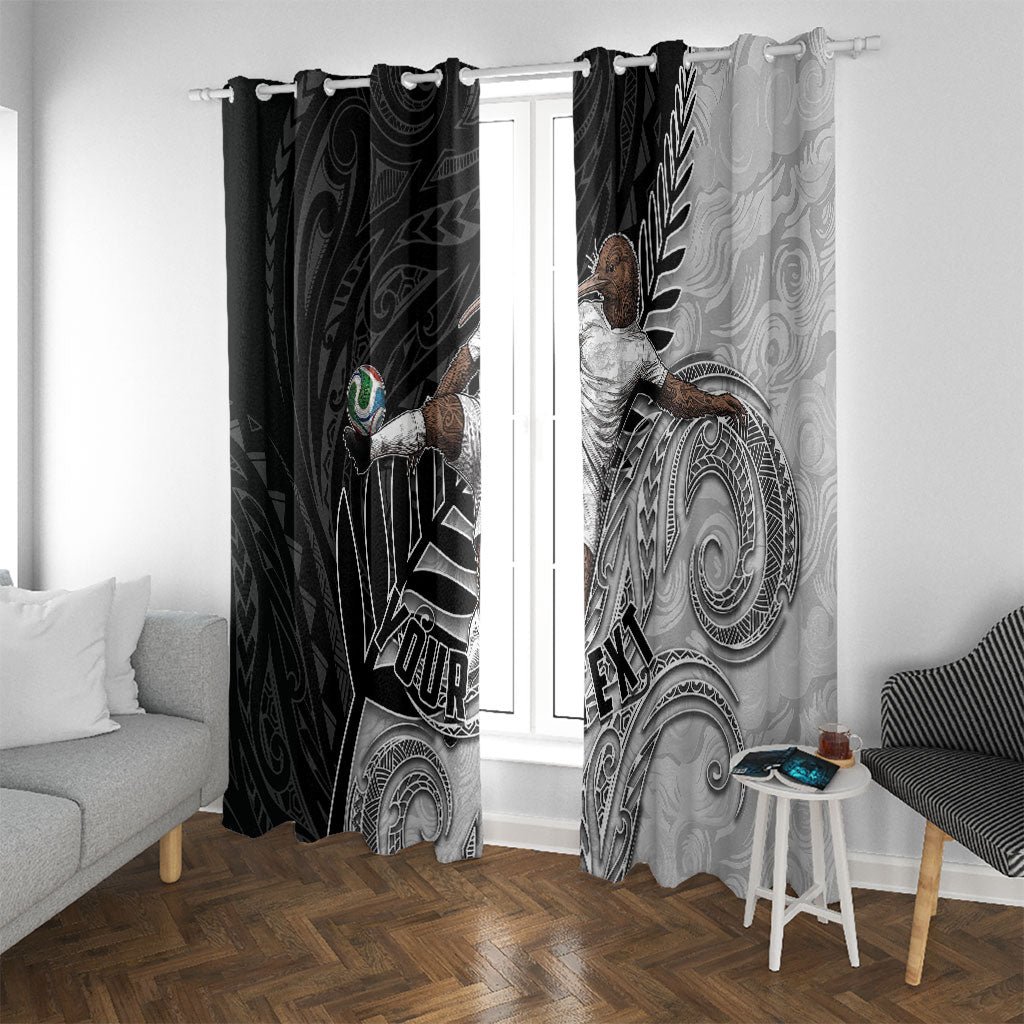 Personalized New Zealand Football Window Curtain Kiwi Mascot with Silver Fern - Maori Tribal Tattoo Art TS04 With Grommets Black White - Polynesian Pride