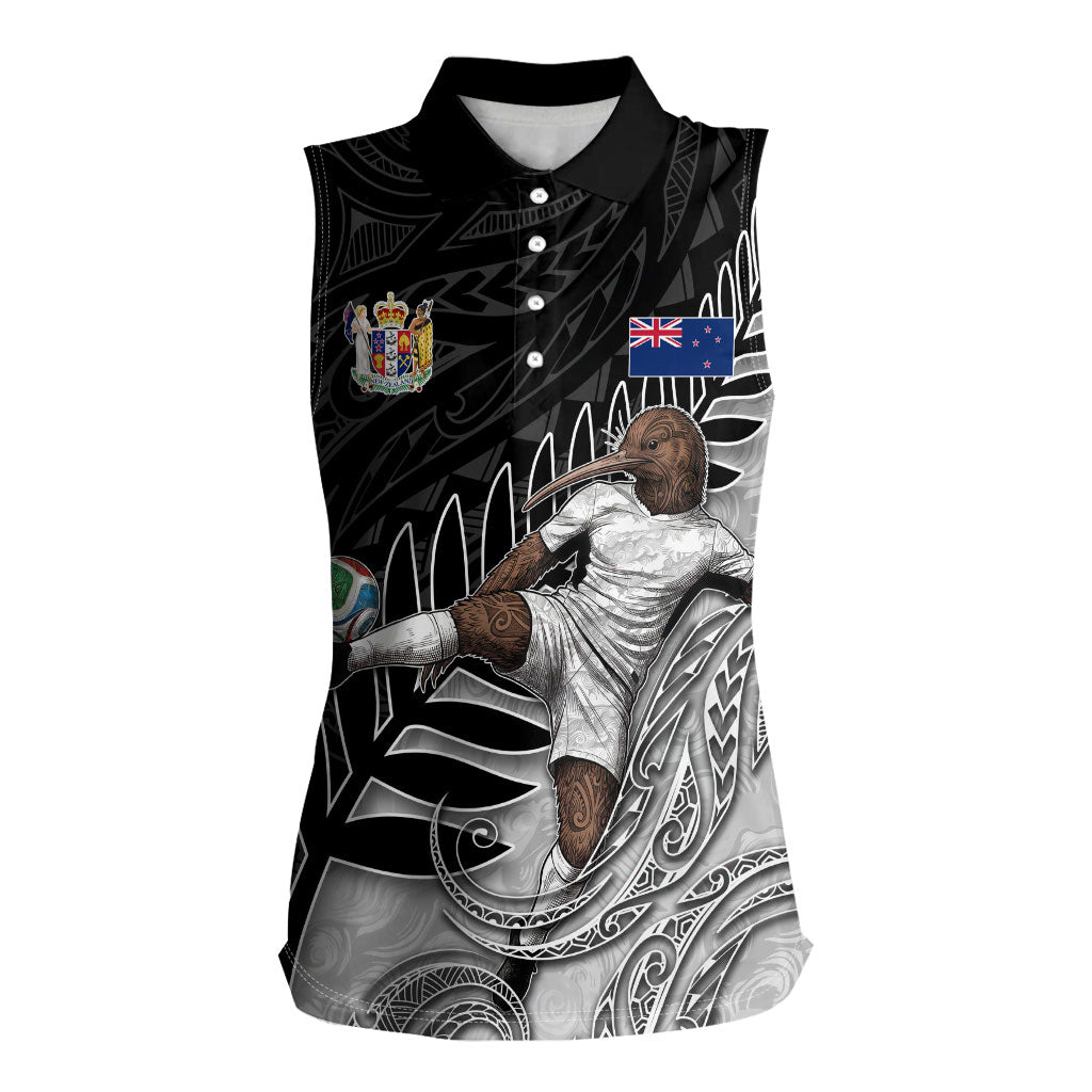 Personalized New Zealand Football Women Sleeveless Polo Shirt Kiwi Mascot with Silver Fern - Maori Tribal Tattoo Art TS04 Female Black White - Polynesian Pride