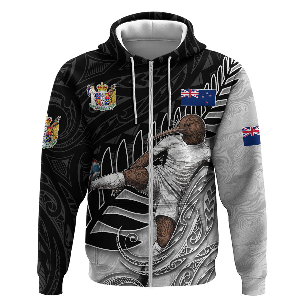 Personalized New Zealand Football Zip Hoodie Kiwi Mascot with Silver Fern - Maori Tribal Tattoo Art TS04 Zip Hoodie Black White - Polynesian Pride