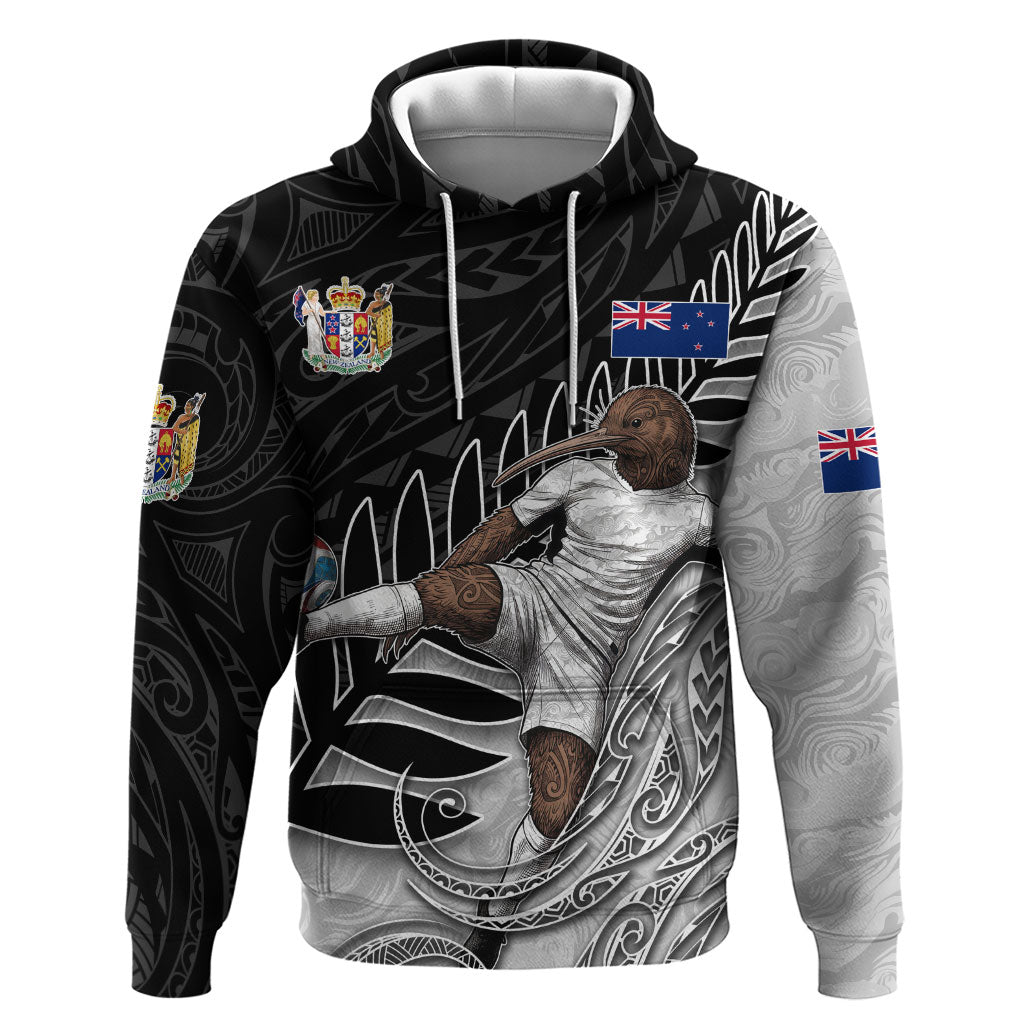 Personalized New Zealand Football Zip Hoodie Kiwi Mascot with Silver Fern - Maori Tribal Tattoo Art TS04 Pullover Hoodie Black White - Polynesian Pride