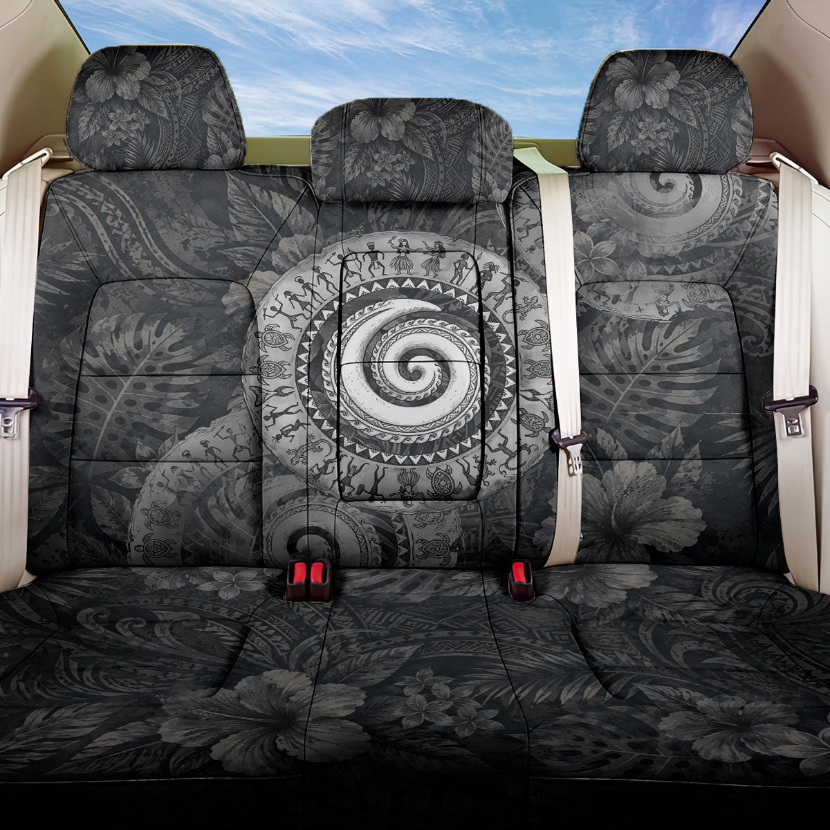 Hawaiian Piko Back Car Seat Cover Cultural Anchor Connect Your Roots Ocean Waves TS04 One Size Black Grey - Polynesian Pride
