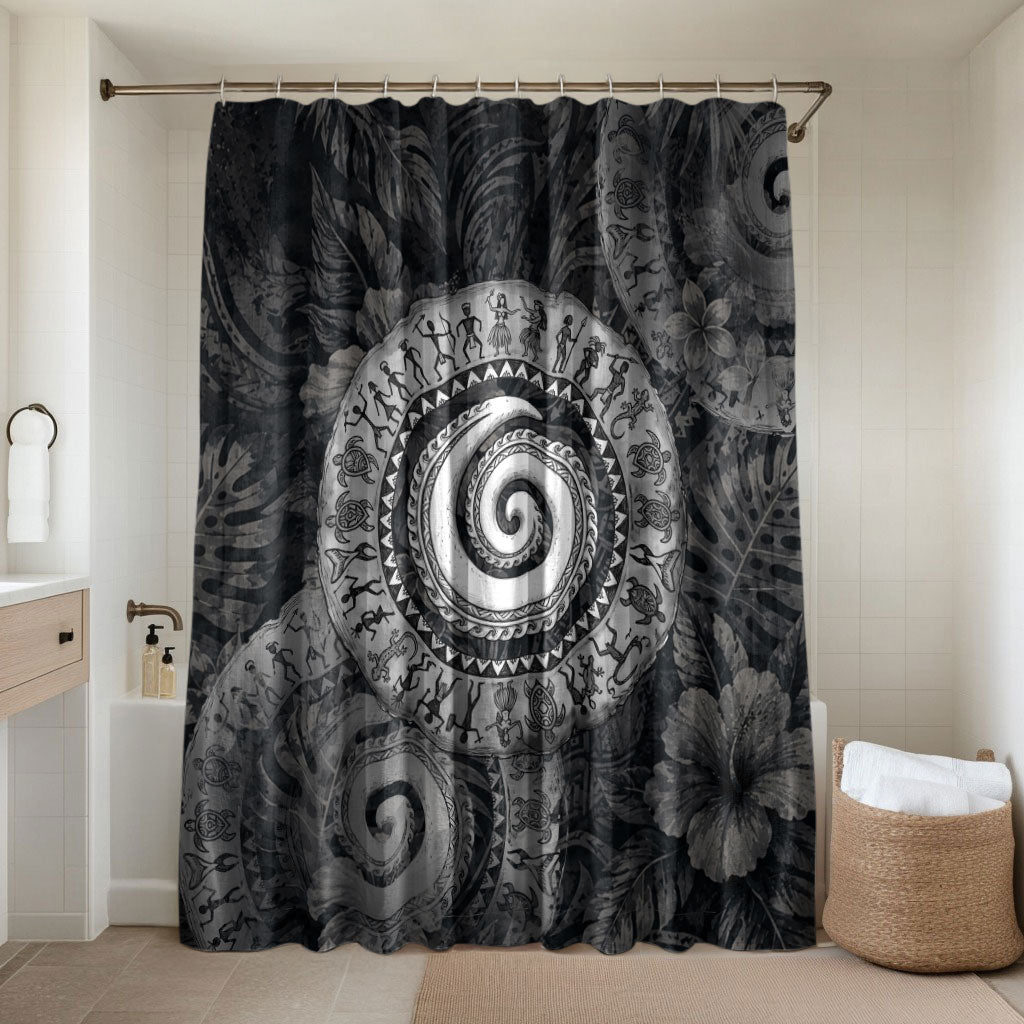 Hawaiian Piko Bathroom Set Cultural Anchor Connect Your Roots Ocean Waves TS04 Shower Curtain Only Black Grey - Polynesian Pride