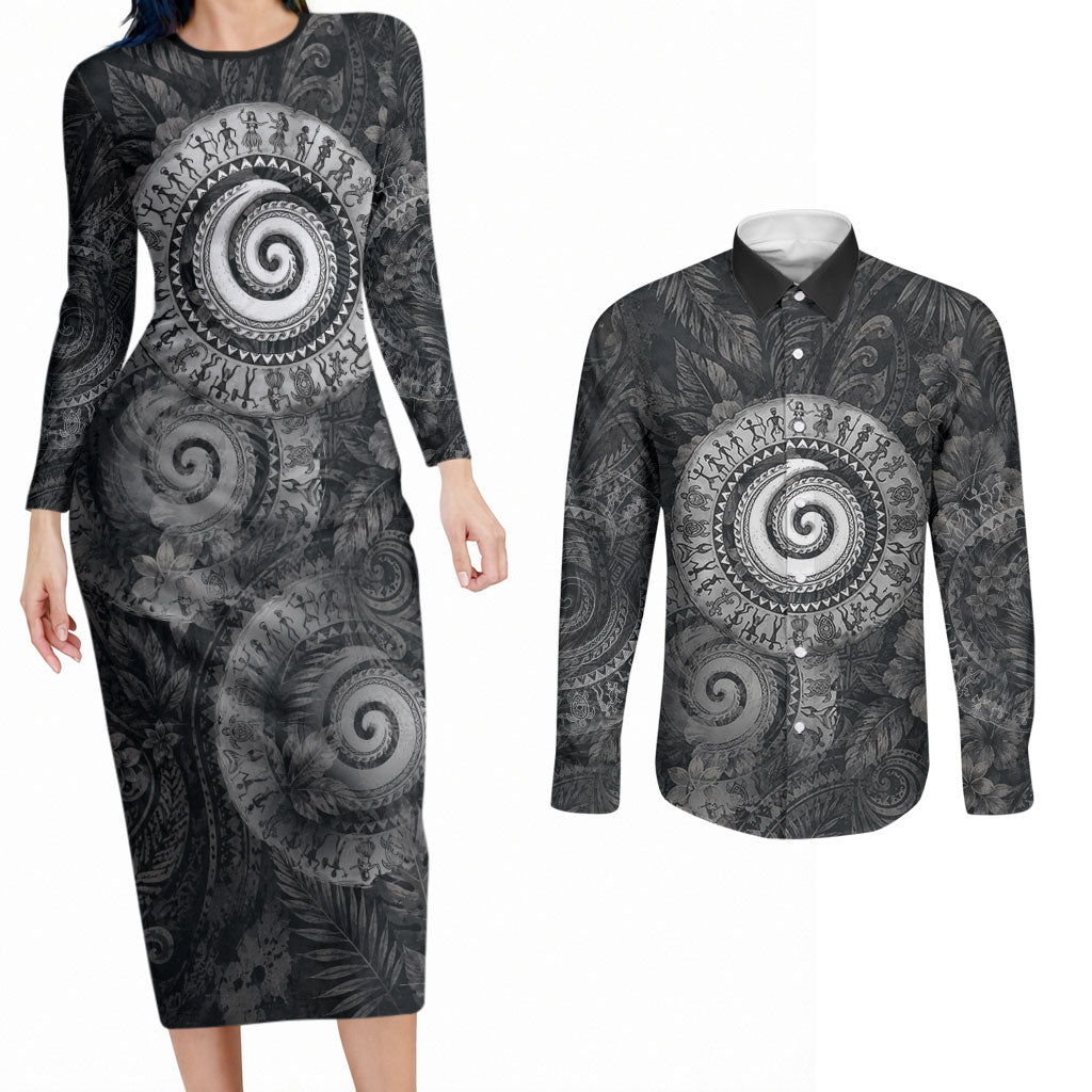 Hawaiian Piko Couples Matching Long Sleeve Bodycon Dress and Long Sleeve Button Shirt Cultural Anchor Connect Your Roots Ocean Waves TS04 Black Grey - Polynesian Pride