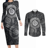Hawaiian Piko Couples Matching Long Sleeve Bodycon Dress and Long Sleeve Button Shirt Cultural Anchor Connect Your Roots Ocean Waves TS04 Black Grey - Polynesian Pride