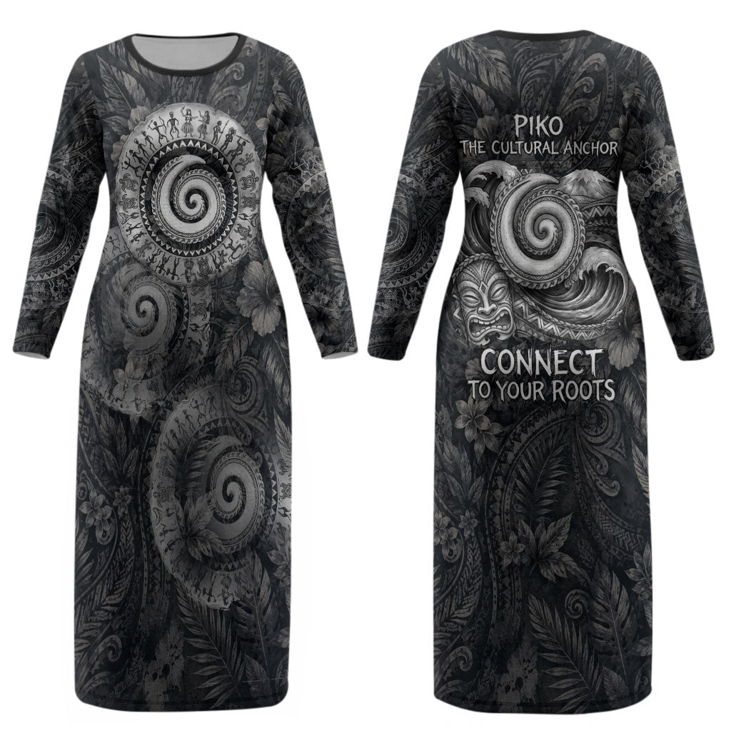 Hawaiian Piko Couples Matching Long Sleeve Bodycon Dress and Long Sleeve Button Shirt Cultural Anchor Connect Your Roots Ocean Waves TS04 - Polynesian Pride