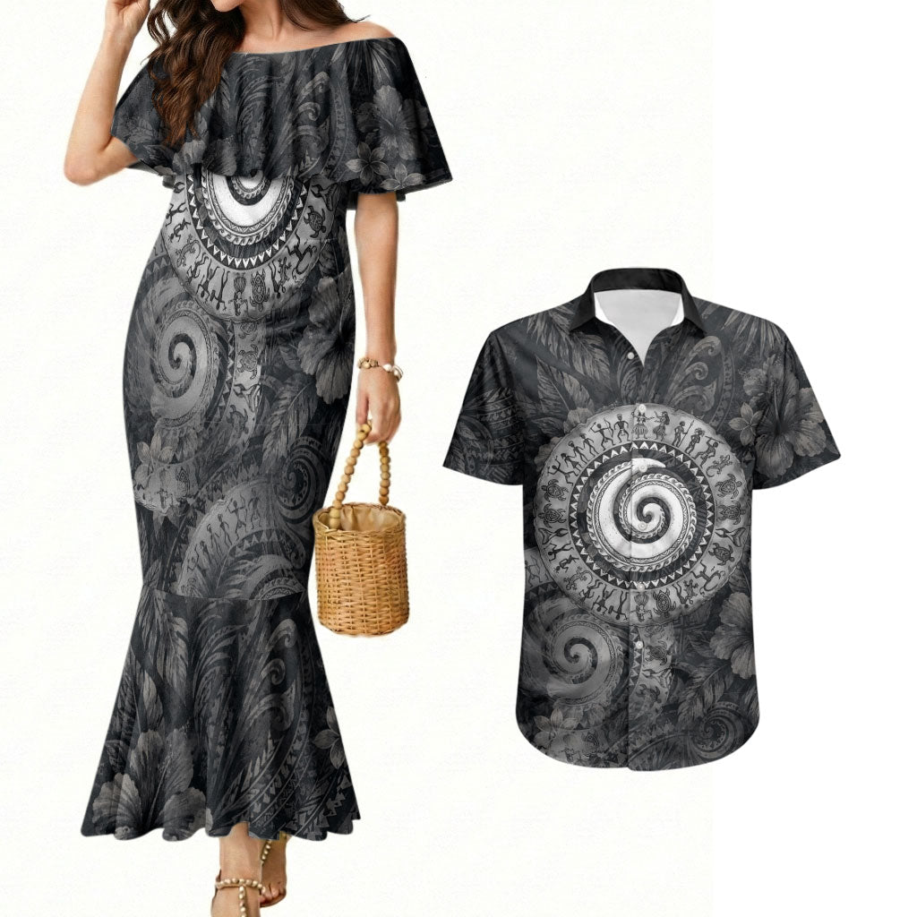 Hawaiian Piko Couples Matching Mermaid Dress and Hawaiian Shirt Cultural Anchor Connect Your Roots Ocean Waves TS04 Black Grey - Polynesian Pride