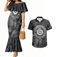 Hawaiian Piko Couples Matching Mermaid Dress and Hawaiian Shirt Cultural Anchor Connect Your Roots Ocean Waves TS04 Black Grey - Polynesian Pride