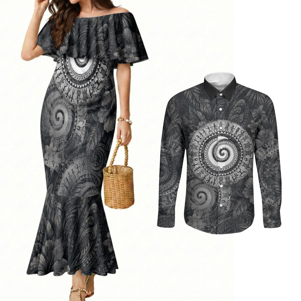 Hawaiian Piko Couples Matching Mermaid Dress and Long Sleeve Button Shirt Cultural Anchor Connect Your Roots Ocean Waves TS04 Black Grey - Polynesian Pride
